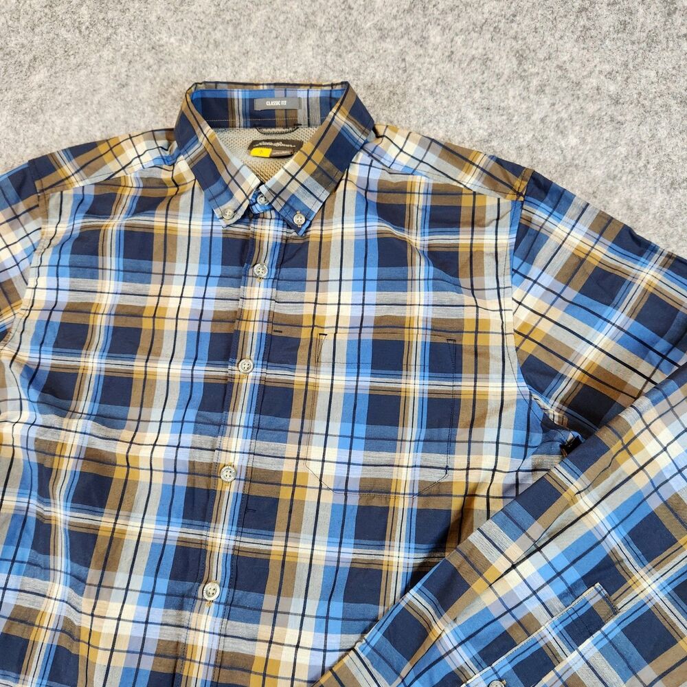 Eddie Bauer Travex Shirt Men Medium Blue Plaid Classic‎ Fit Button Mesh Pocket - Picture 2 of 11